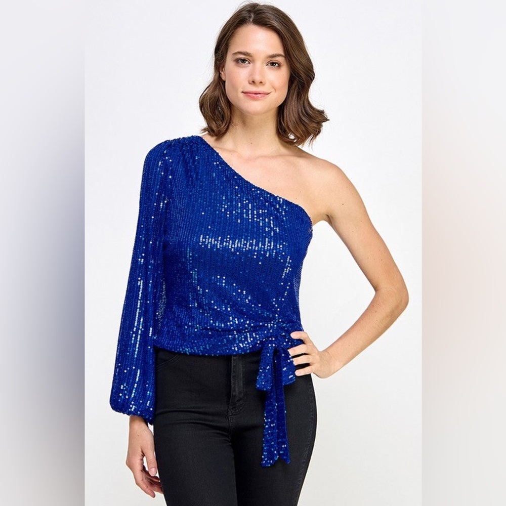 One-Shoulder Sequin Blouse in Royal Blue